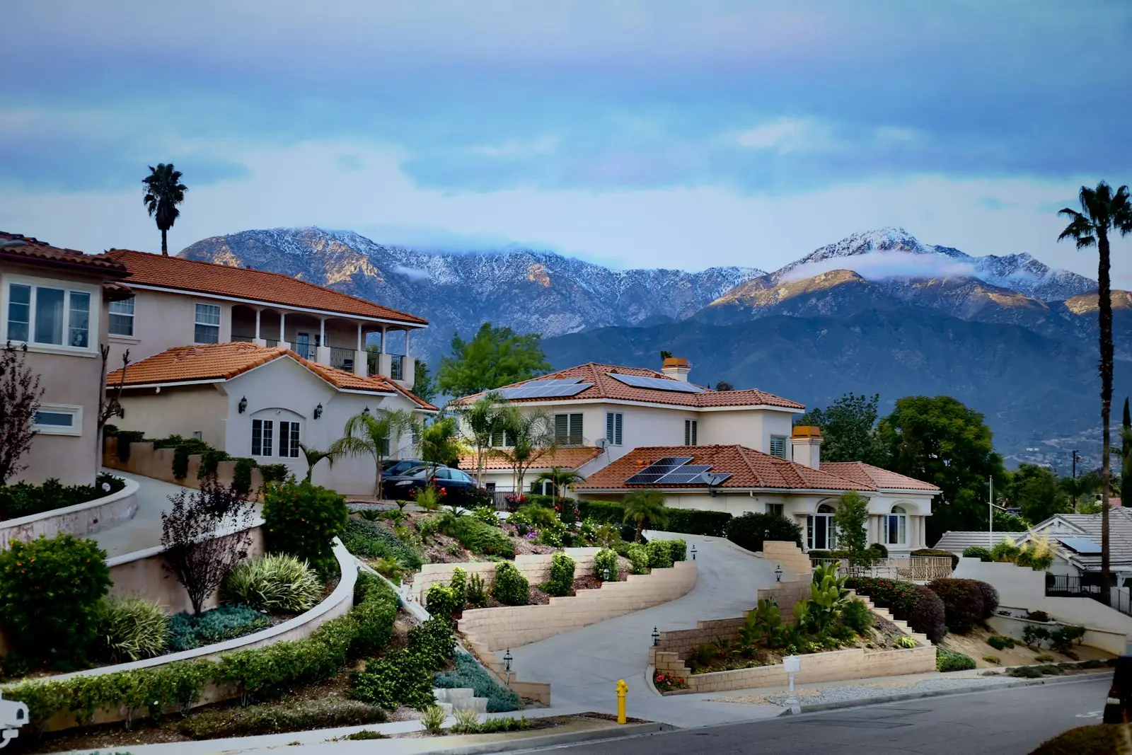 Tree-lined neighborhood streets of the Pomona Valley seen from above near Pomona, CA